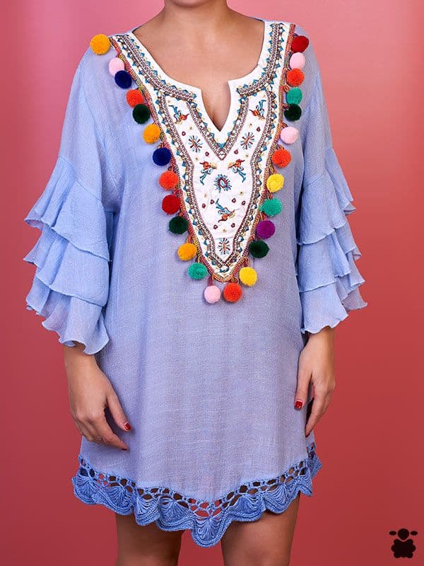Vestido azul con pompones Mer