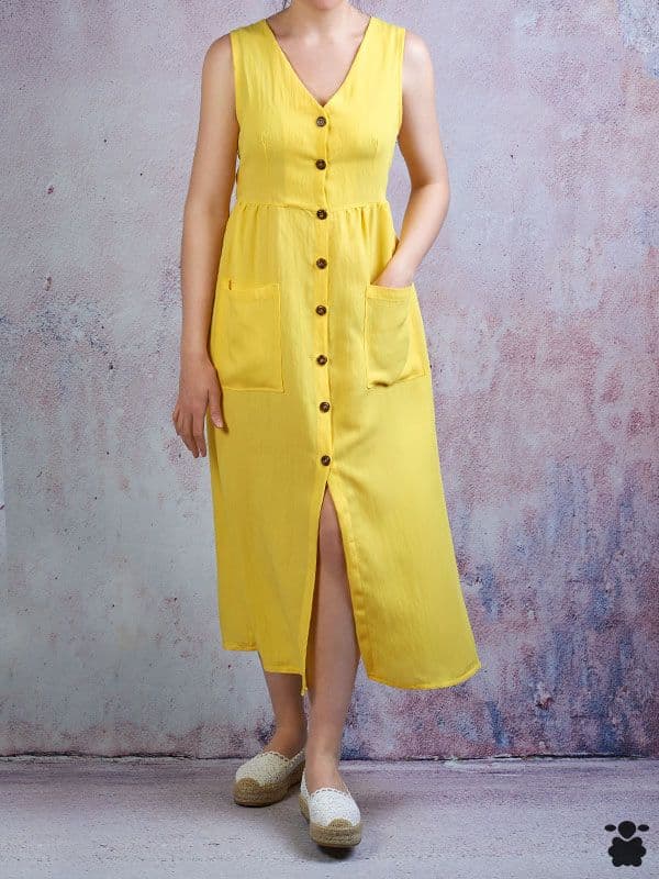 Vestido midi amarillo con botones