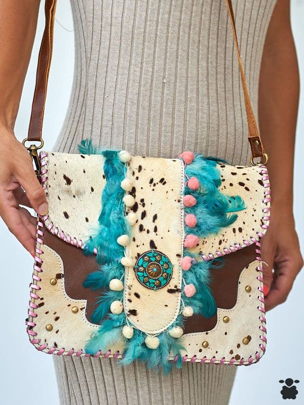 Bolso Boho Piel Plumas Azul