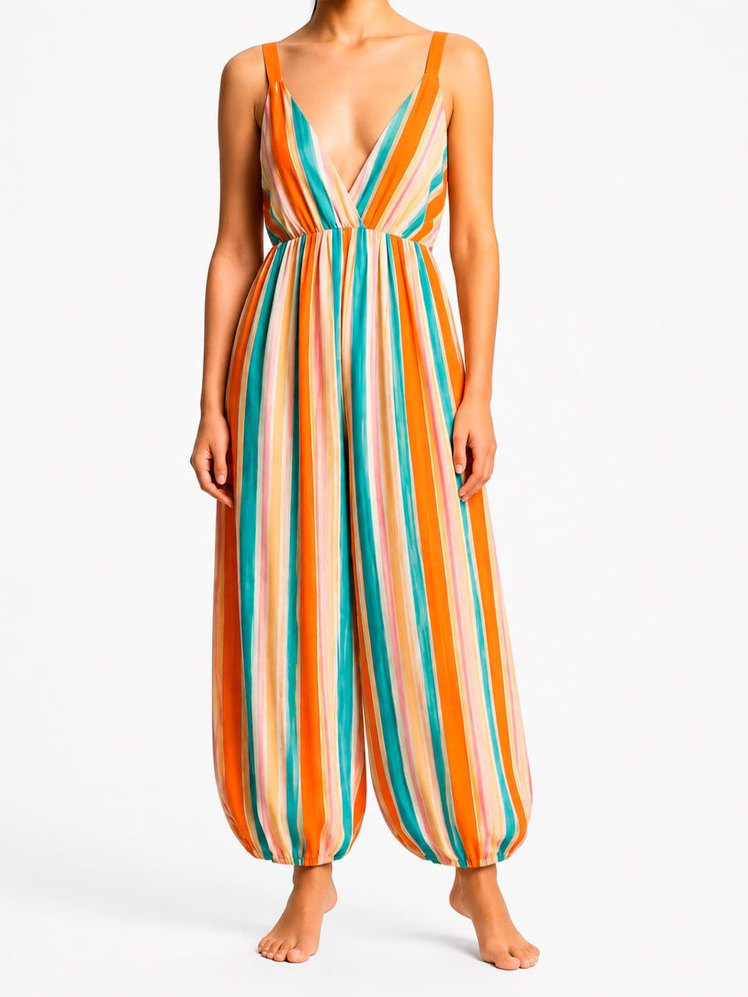 Mono de rayas naranja y turquesa con pantalón bombacho