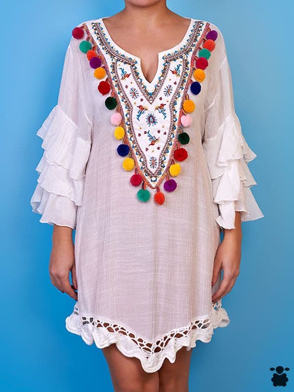 Vestido blanco con pompones Mer