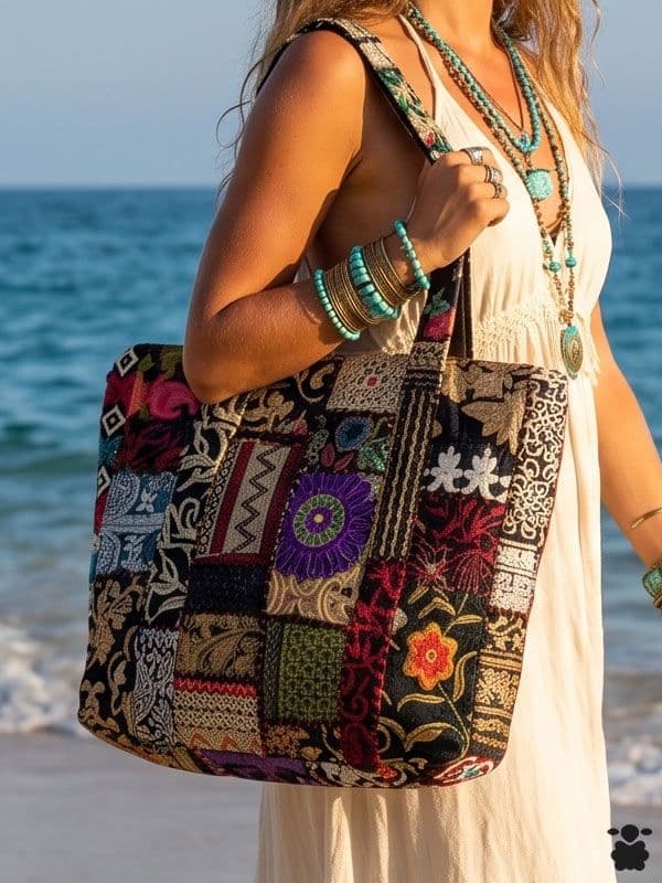 Bolso hippie negro retales bordados