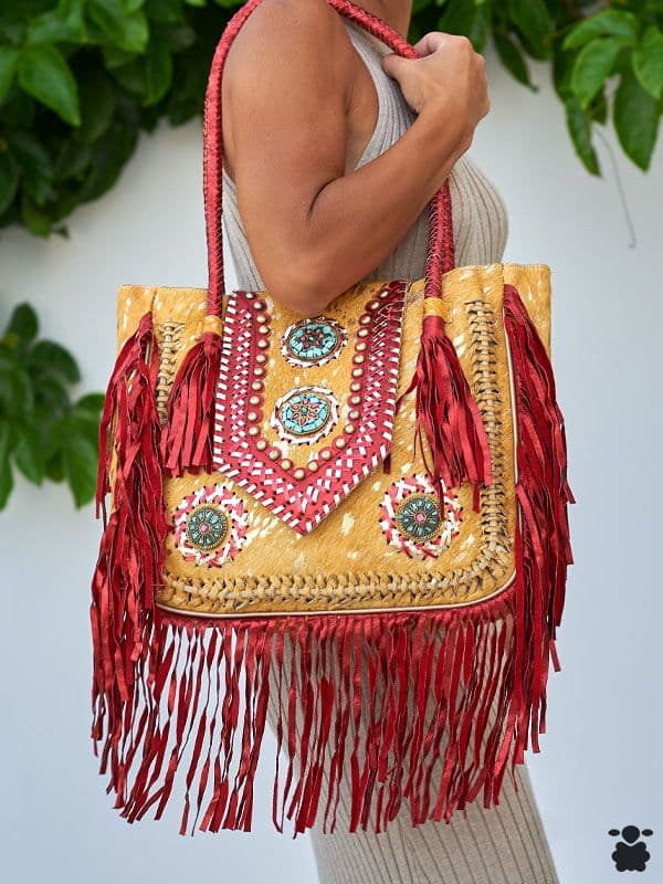 Bolso Boho Piel Zahora Kaki Rojo