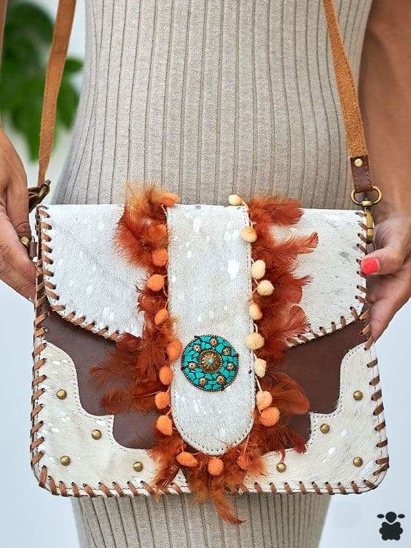 Bolso Boho Piel Plumas Marrón