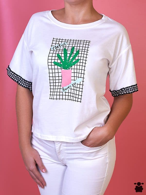 Camiseta blanca cactus cuadro vichy