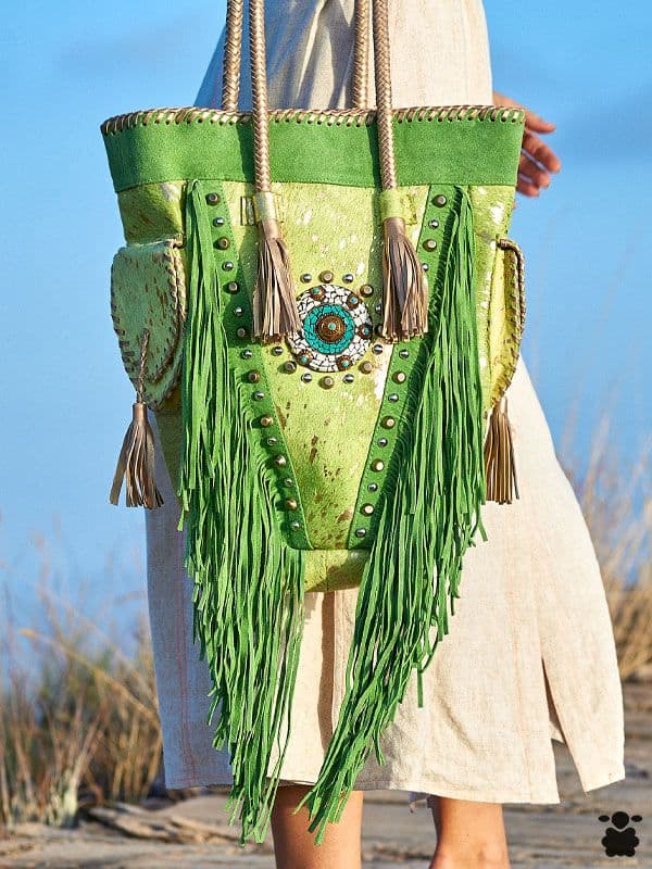 Bolso boho verde de piel