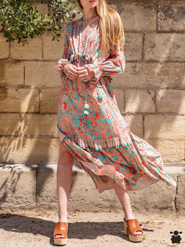 Vestido boho largo turquesa-naranja