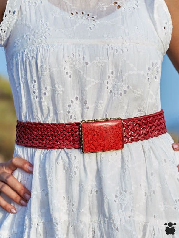 Cinturón cuero hebilla rectangular rojo