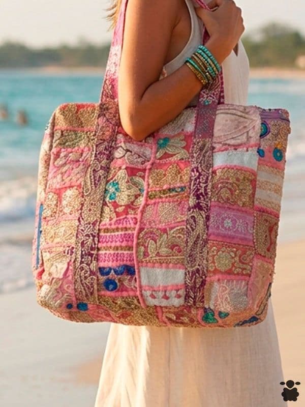 Bolso hippie rosa retales bordados