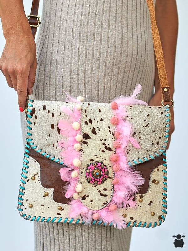 Bolso Boho Piel Plumas Blanco Rosa